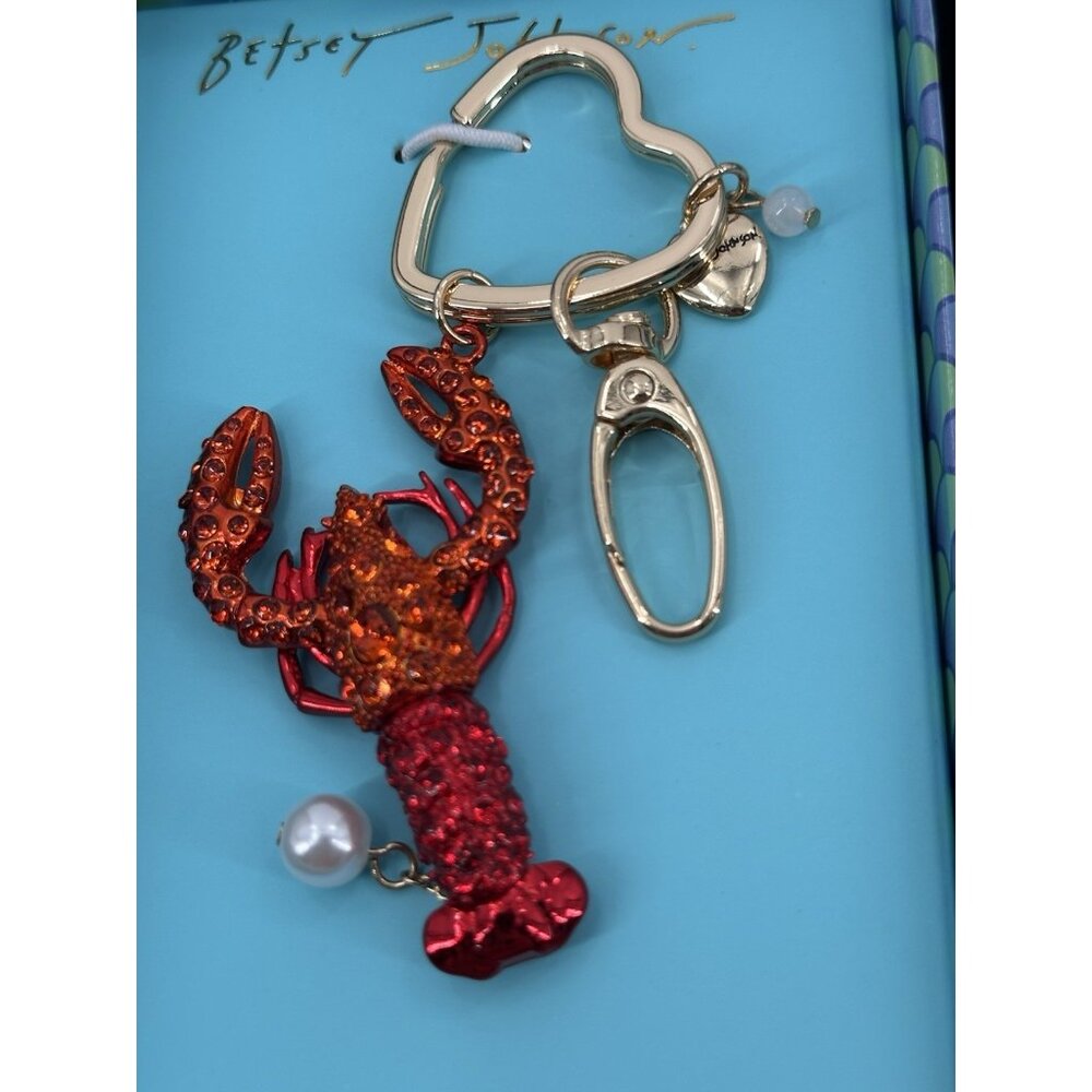 NIB Betsey Johnson Crystal Lobster Key Fob/Bag Charm Gold Tone Red